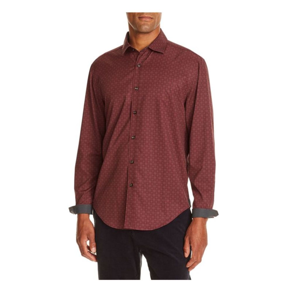 TALLIA SPORT Mens Burgundy Patterned Button Down Stretch Casual Shirt L